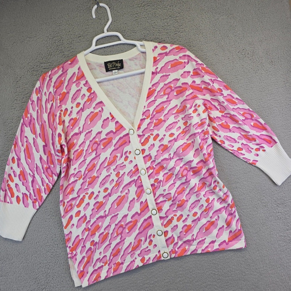 Bob‎ Mackie Cardigan Womens L White Pink Wearable Art Print Side Slit Sweater